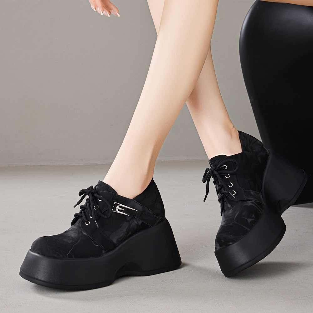 Women's Genuine Leather Square Toe Lace-Up 10 CM Wedge Heel Platform Shoes Sewing Metal Buckle Concise New Spring Autumn Shoes 60214