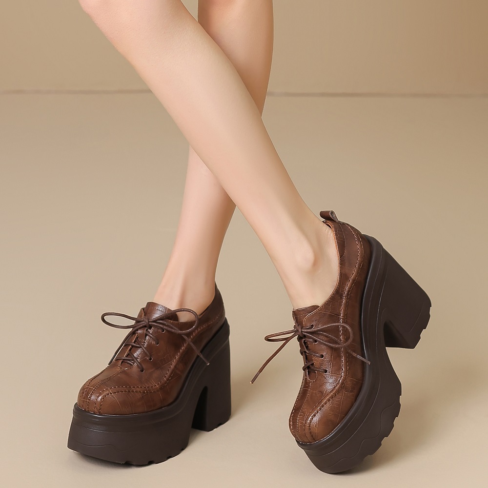 Women's New Arrival Embossed Cowhide Cross-Tied Platform Retro British Style Versatile 12 CM Square Heel Stitched Spring Autumn Minimalist Loafers 60214