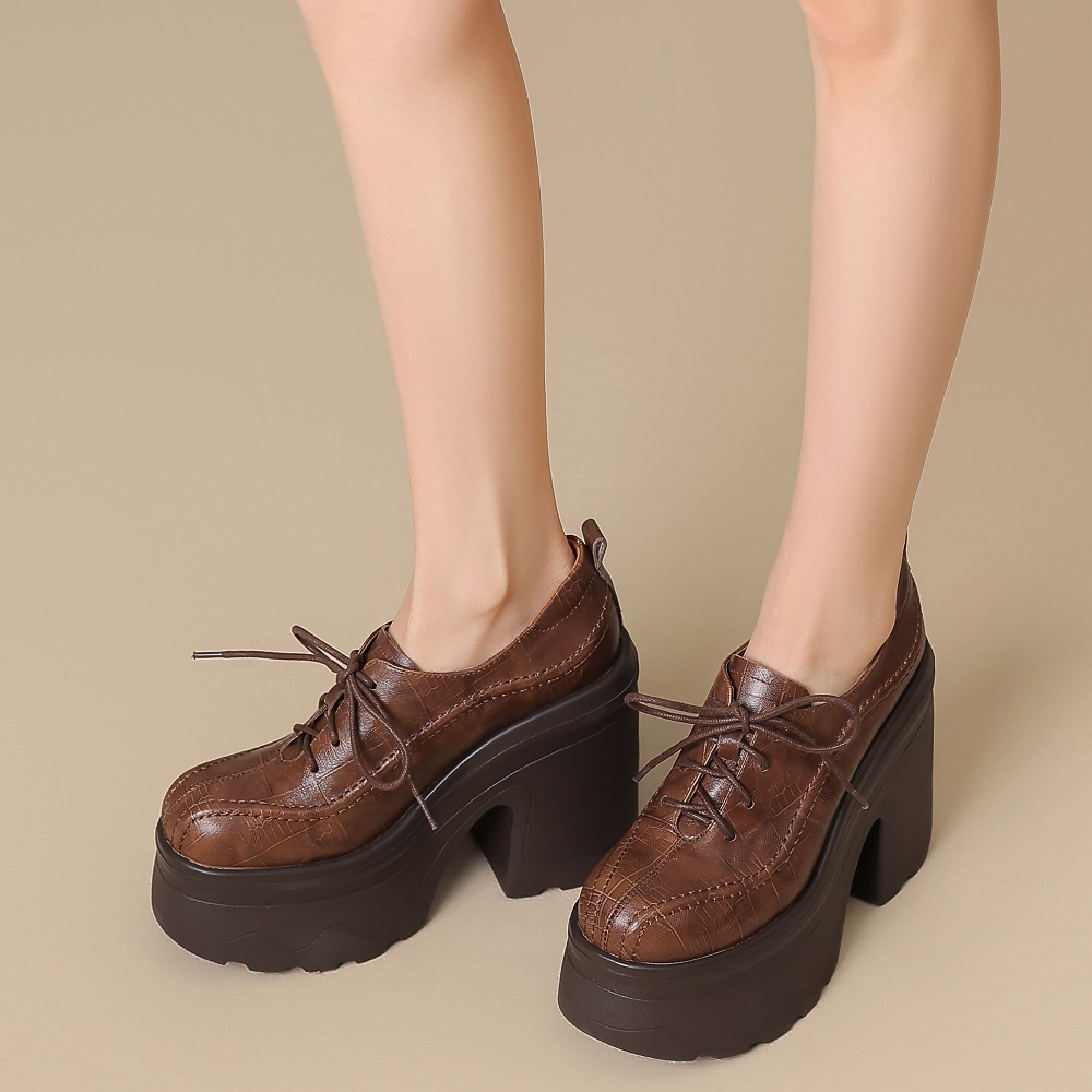 Women's New Arrival Embossed Cowhide Cross-Tied Platform Retro British Style Versatile 12 CM Square Heel Stitched Spring Autumn Minimalist Loafers 60214