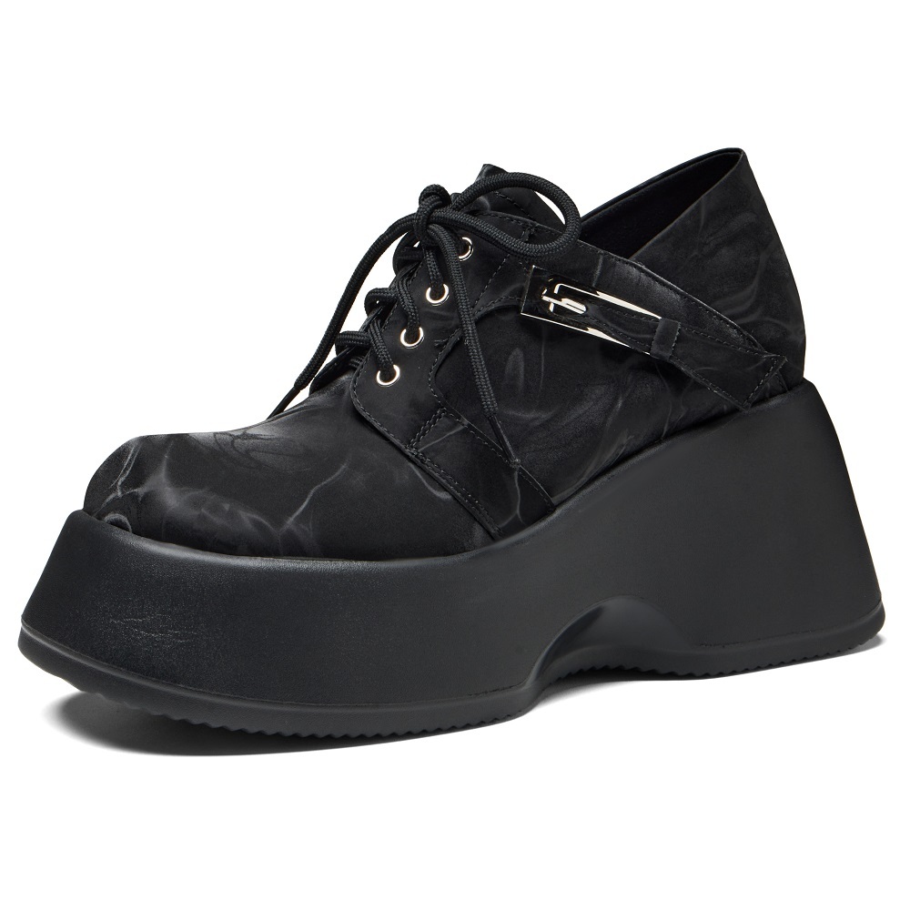 Women's Genuine Leather Square Toe Lace-Up 10 CM Wedge Heel Platform Shoes Sewing Metal Buckle Concise New Spring Autumn Shoes 60214