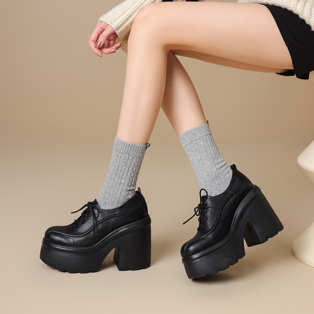 Women's New Arrival Embossed Cowhide Cross-Tied Platform Retro British Style Versatile 12 CM Square Heel Stitched Spring Autumn Minimalist Loafers 60214