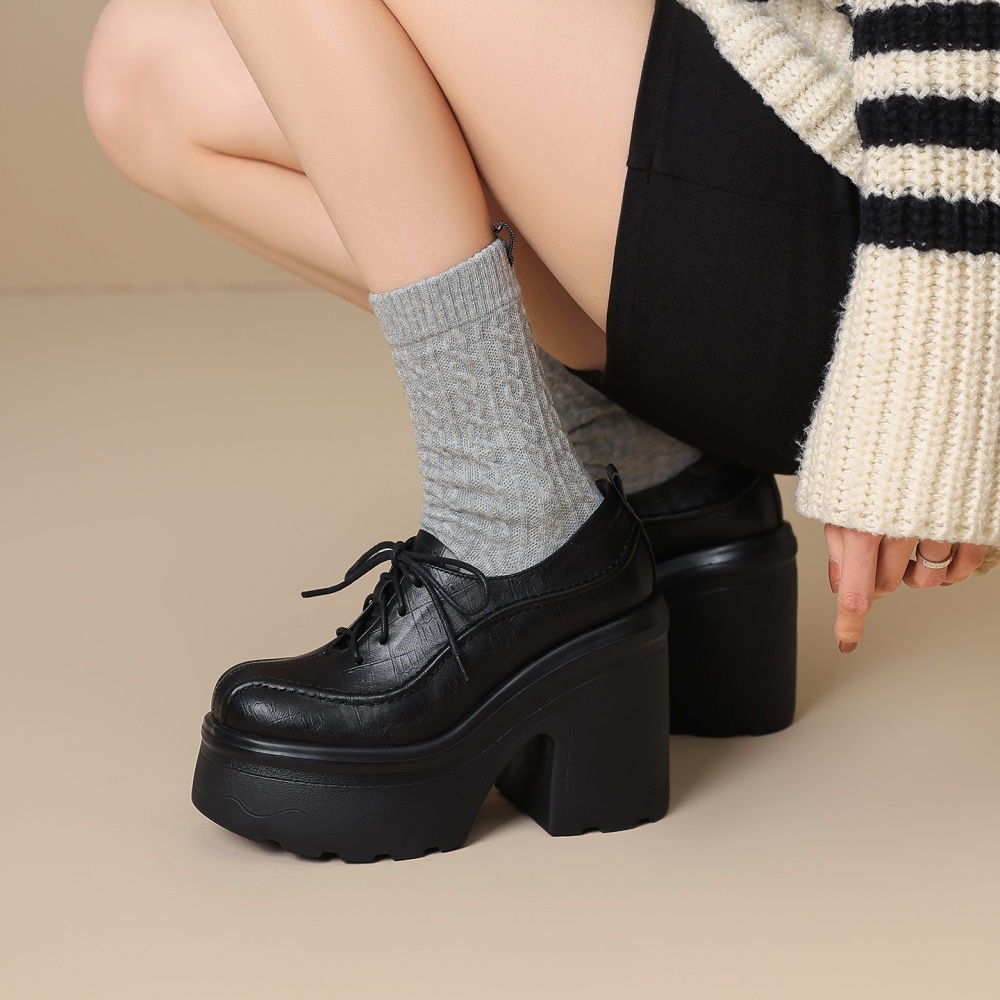 Women's New Arrival Embossed Cowhide Cross-Tied Platform Retro British Style Versatile 12 CM Square Heel Stitched Spring Autumn Minimalist Loafers 60214
