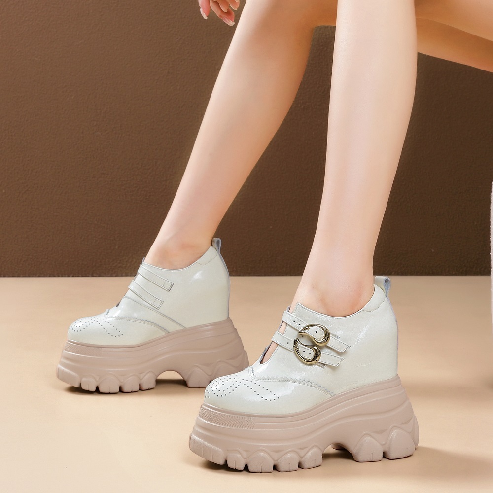 Women's Genuine Leather Cutout Belt Buckle 14 CM Super High Heel Height Increasing Platform Versatile Mary Jane Spring Autumn Shoes 60214