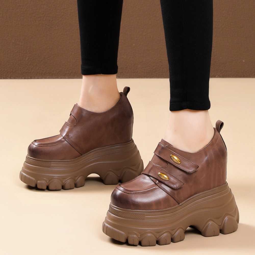 New Spring Autumn Hook Loop 14 CM Thick Platform Height Increasing Platform Genuine Leather Retro British Style Metal Accent Burnished Loafers 60214