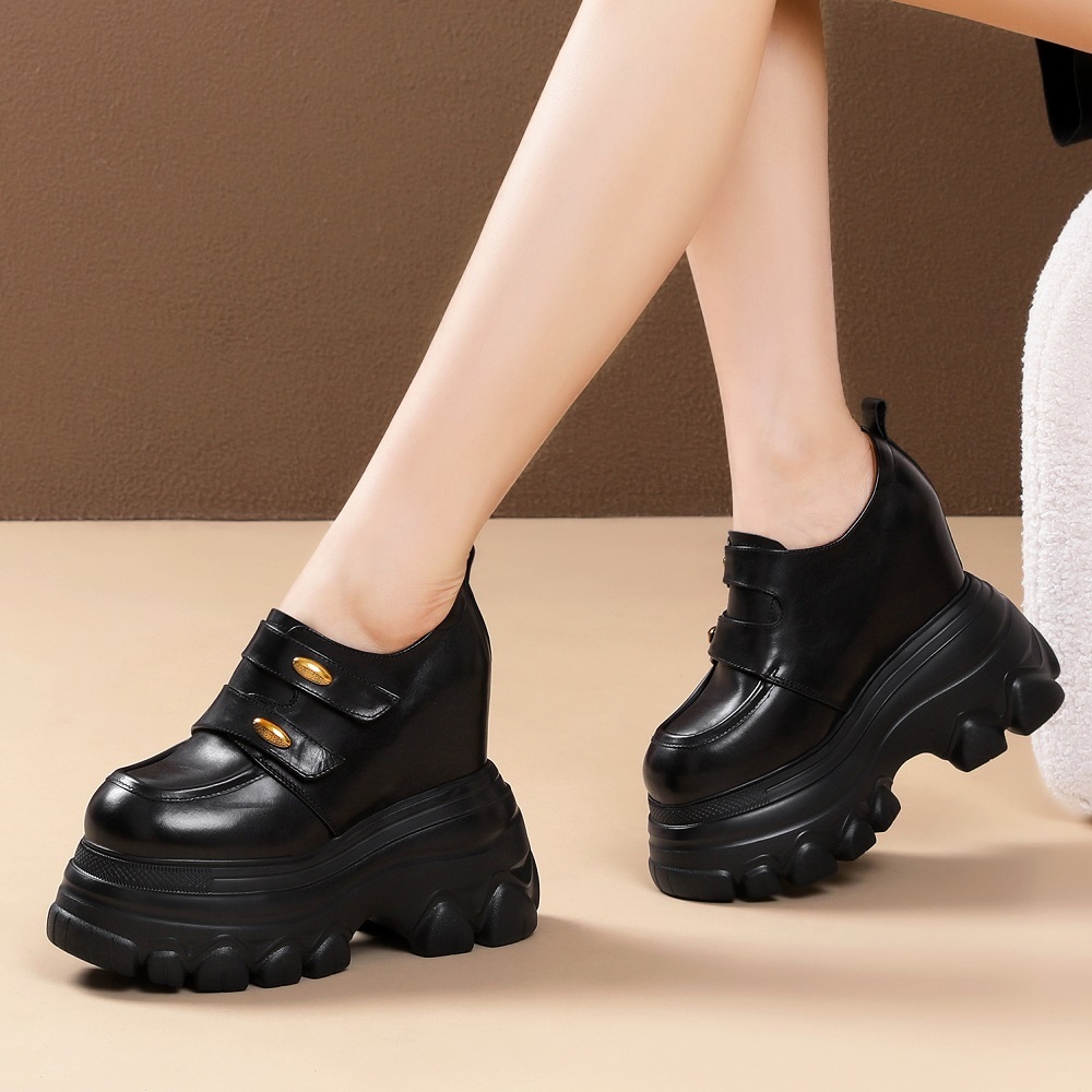 New Spring Autumn Hook Loop 14 CM Thick Platform Height Increasing Platform Genuine Leather Retro British Style Metal Accent Burnished Loafers 60214