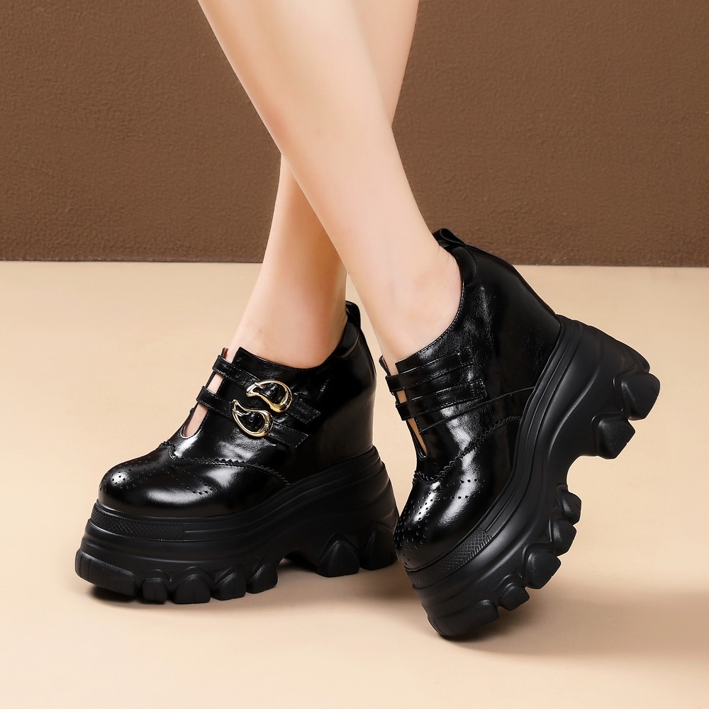 Women's Genuine Leather Cutout Belt Buckle 14 CM Super High Heel Height Increasing Platform Versatile Mary Jane Spring Autumn Shoes 60214