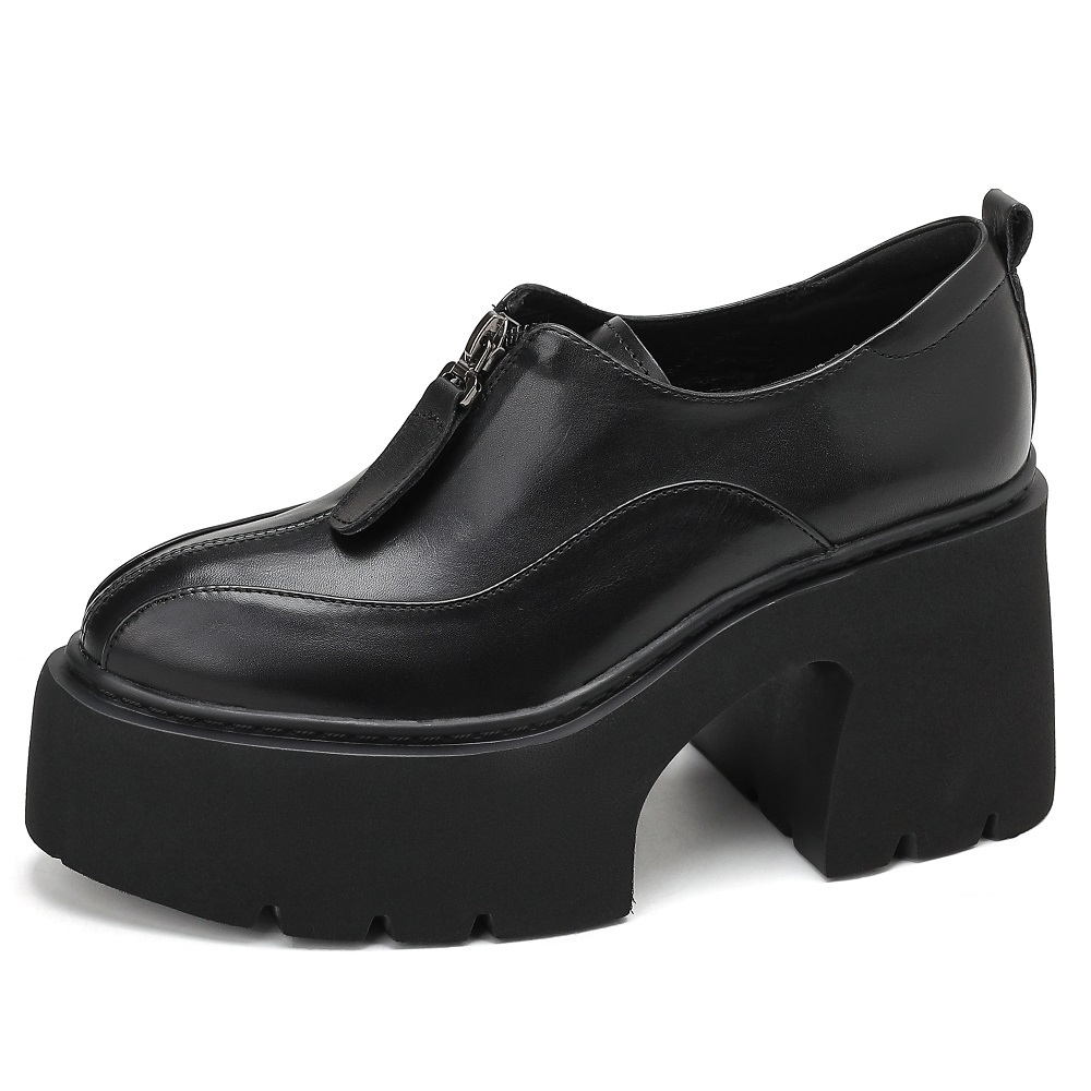 Genuine Leather British Style Front Zip 10 CM Block Heel Platform Retro Concise Versatile Pointed Toe Slim Fit Loafer Pumps Spring Autumn 60219