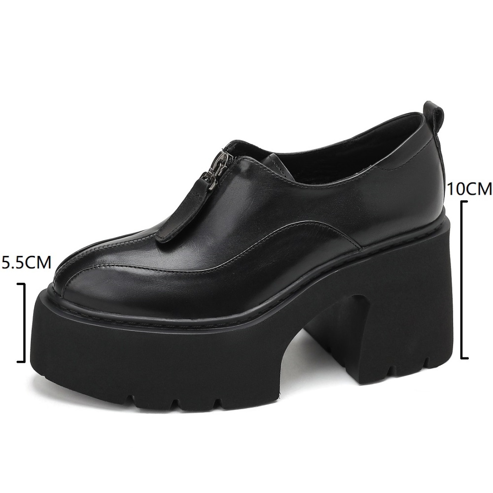 Genuine Leather British Style Front Zip 10 CM Block Heel Platform Retro Concise Versatile Pointed Toe Slim Fit Loafer Pumps Spring Autumn 60219