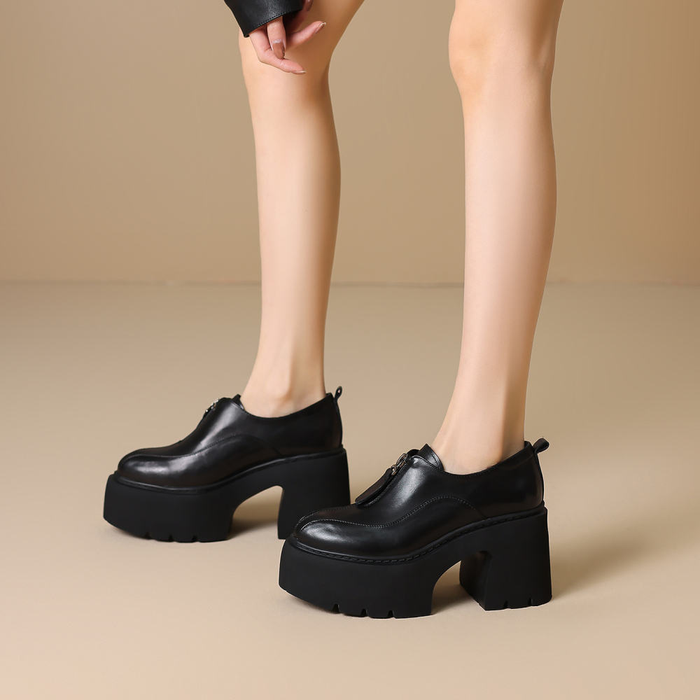 Genuine Leather British Style Front Zip 10 CM Block Heel Platform Retro Concise Versatile Pointed Toe Slim Fit Loafer Pumps Spring Autumn 60219