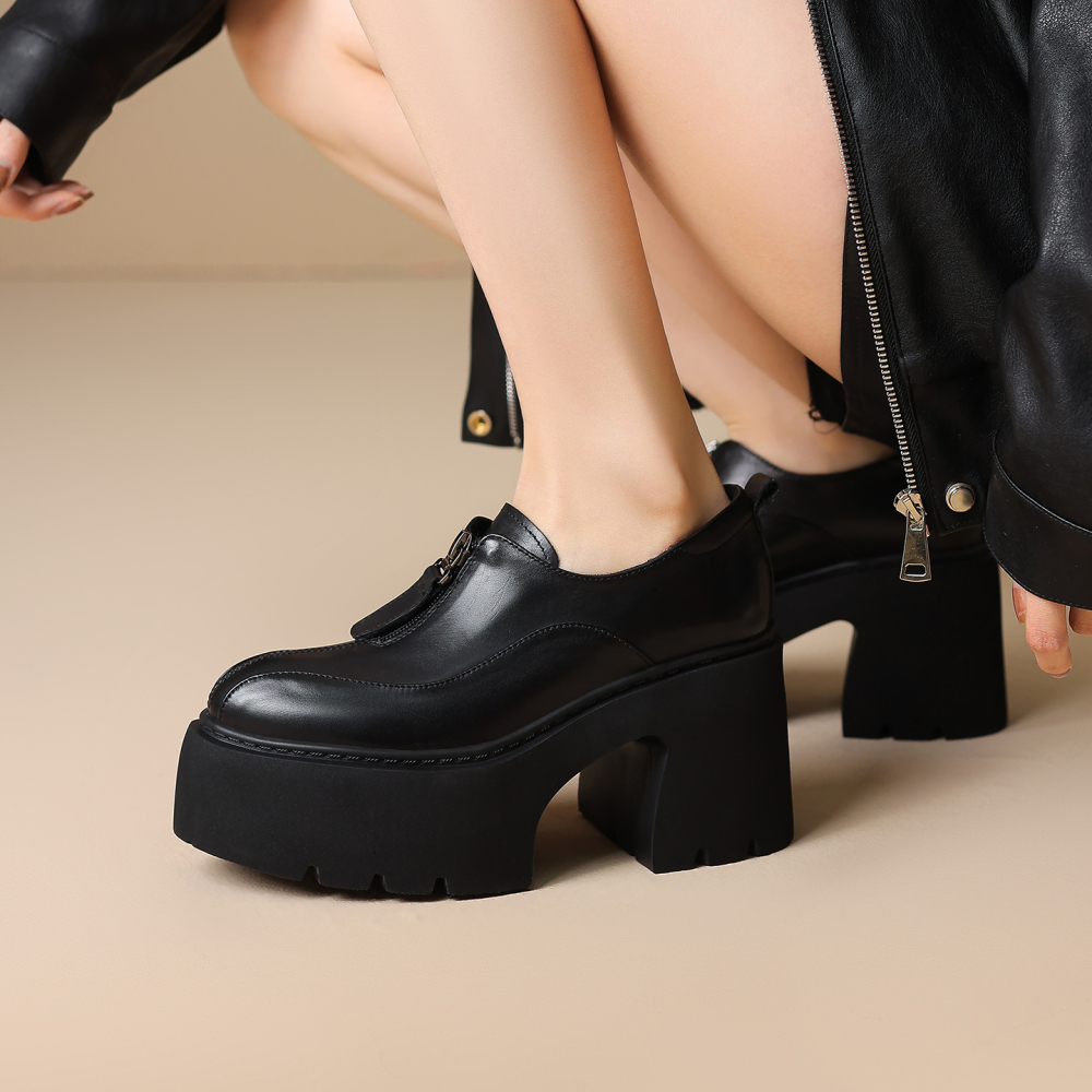 Genuine Leather British Style Front Zip 10 CM Block Heel Platform Retro Concise Versatile Pointed Toe Slim Fit Loafer Pumps Spring Autumn 60219