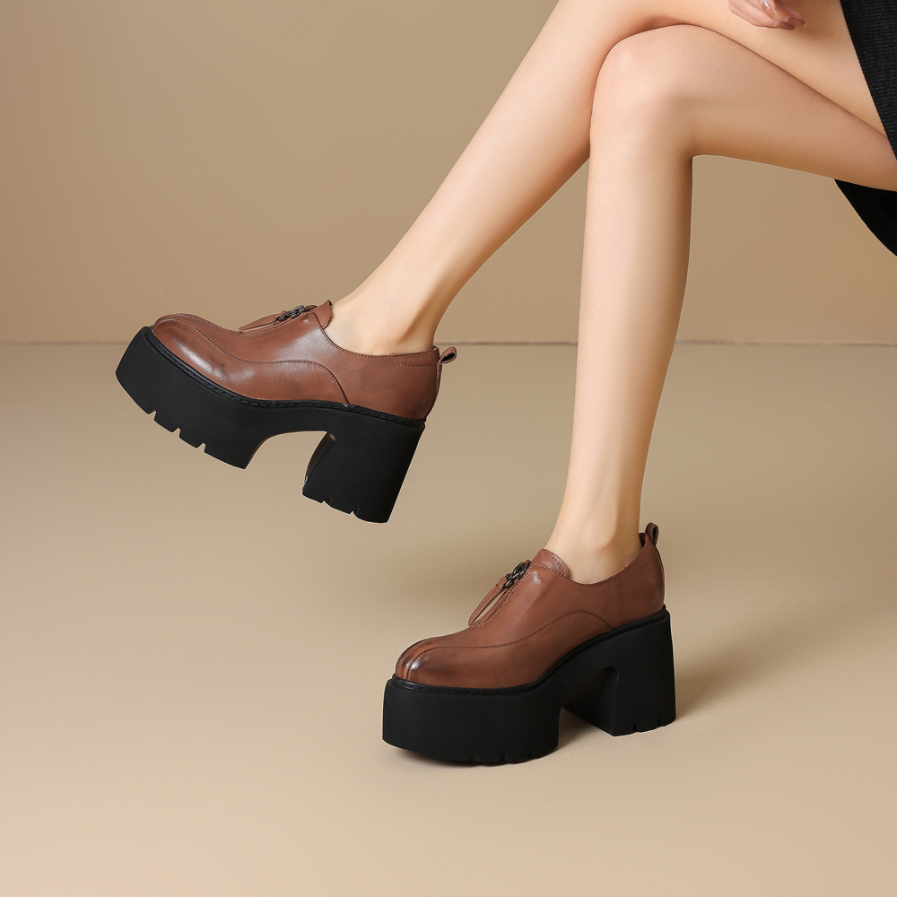 Genuine Leather British Style Front Zip 10 CM Block Heel Platform Retro Concise Versatile Pointed Toe Slim Fit Loafer Pumps Spring Autumn 60219