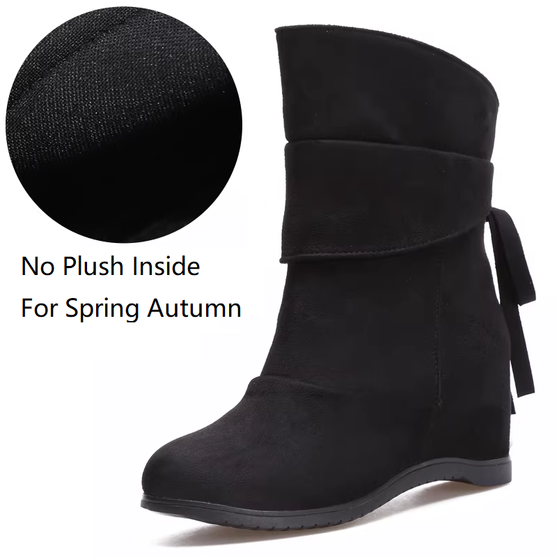 Spring Autumn New Korean Style Leisure 7.5 CM Height Increasing Slip On Pleated Flock Women Mid-Calf Boots Winter Plush Inside Ankle Boots 60225