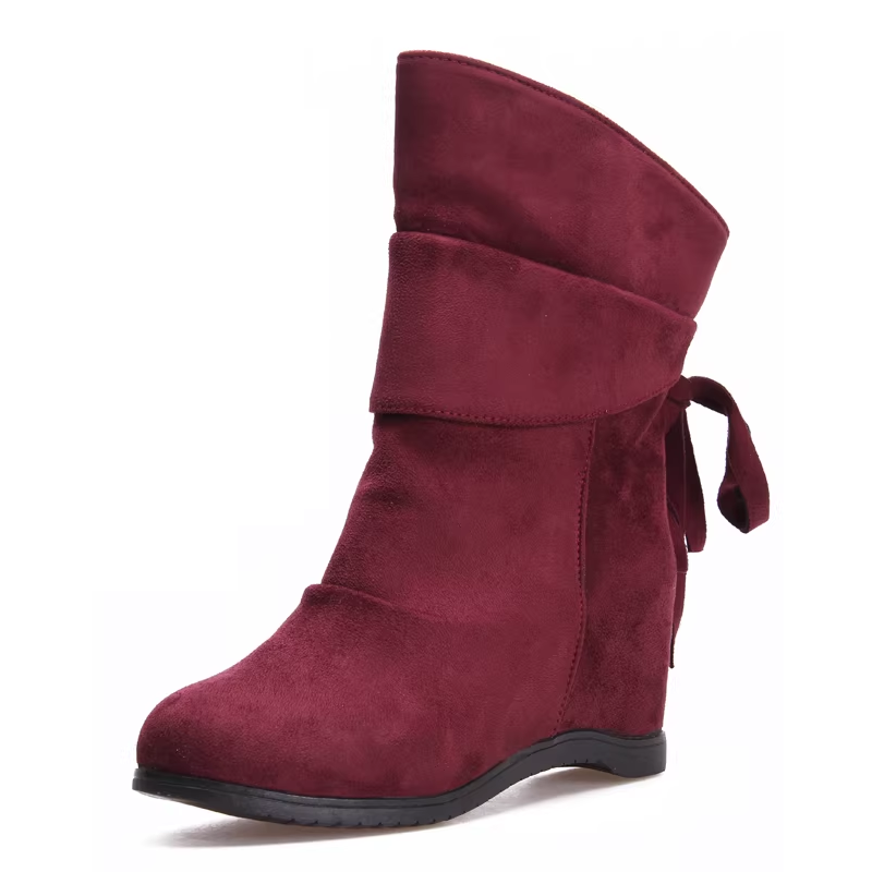 Spring Autumn New Korean Style Leisure 7.5 CM Height Increasing Slip On Pleated Flock Women Mid-Calf Boots Winter Plush Inside Ankle Boots 60225