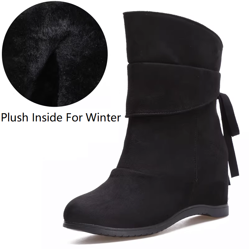 Spring Autumn New Korean Style Leisure 7.5 CM Height Increasing Slip On Pleated Flock Women Mid-Calf Boots Winter Plush Inside Ankle Boots 60225