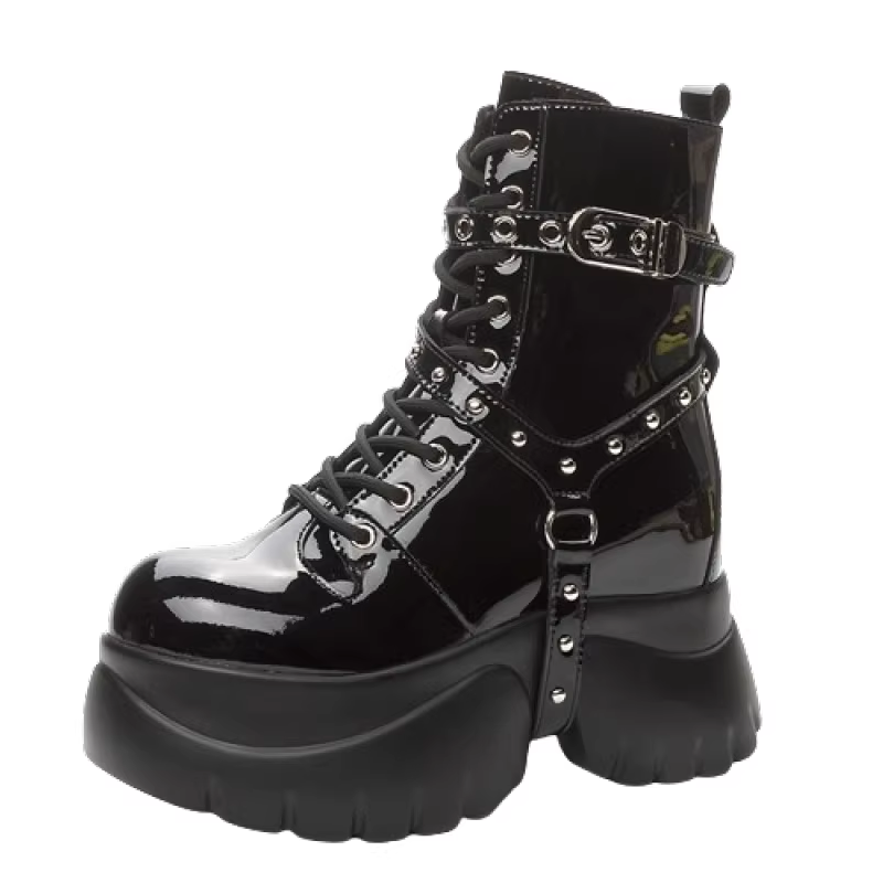 Winter Plush Inside New Slim 10 CM Height Increasing Platform Cross-tied Side Zipper Belt Buckle Rivets Genuine Leather Women Mid-Calf Half Modern Boots 60225