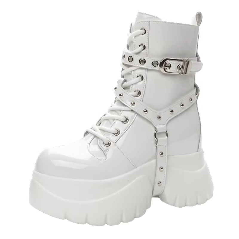 Winter Plush Inside New Slim 10 CM Height Increasing Platform Cross-tied Side Zipper Belt Buckle Rivets Genuine Leather Women Mid-Calf Half Modern Boots 60225