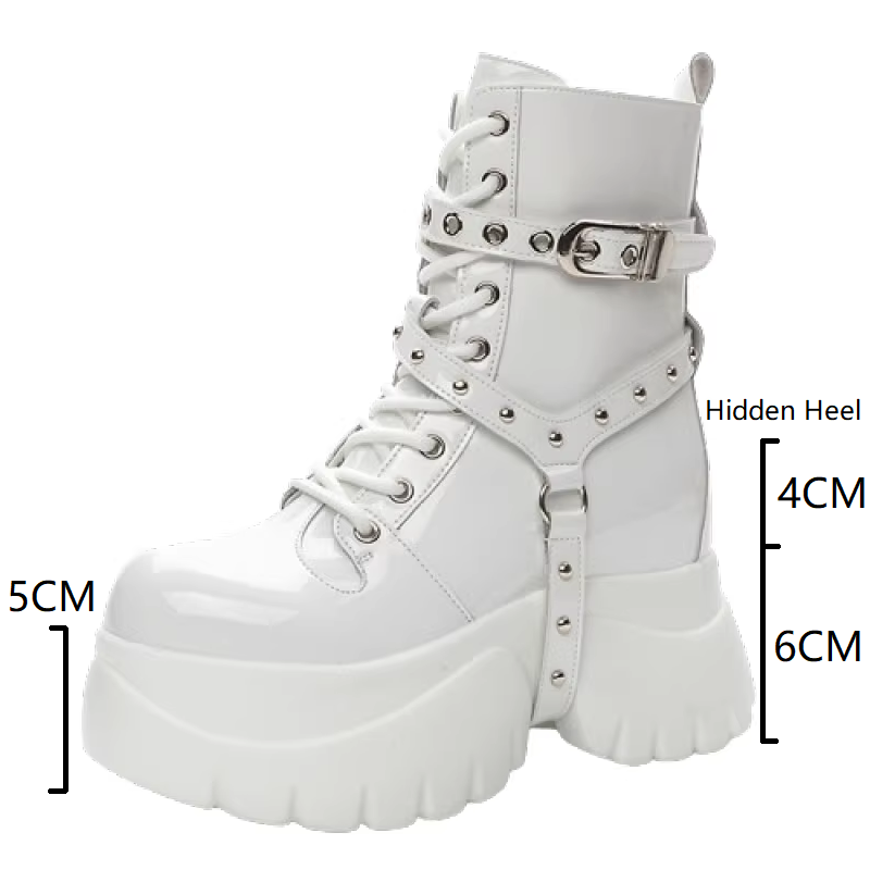 Winter Plush Inside New Slim 10 CM Height Increasing Platform Cross-tied Side Zipper Belt Buckle Rivets Genuine Leather Women Mid-Calf Half Modern Boots 60225