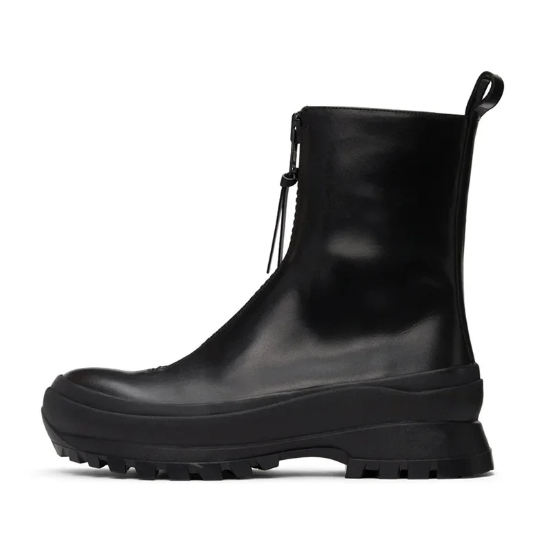 Spring Autumn British Style Chunky Bottom Platform Sewing Black Size 39-44 Genuine Leather Men High Top Short Motorcycle Boots 60225