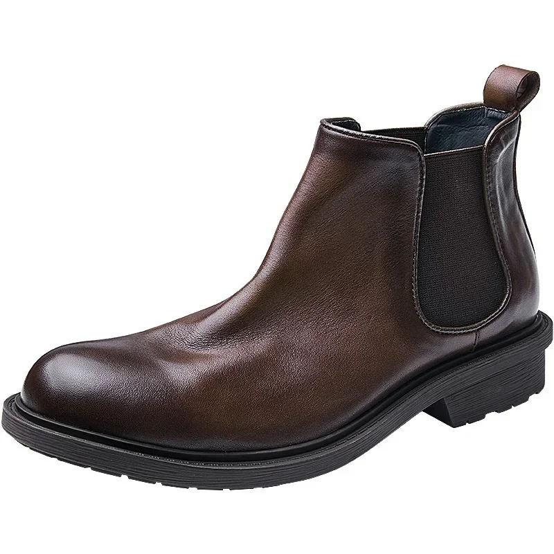 Spring Autumn New British Style Retro Thick Heels Sewing Slip-On Genuine Leather Men Ankle Short Chelsea Boots Winter Plush 60225