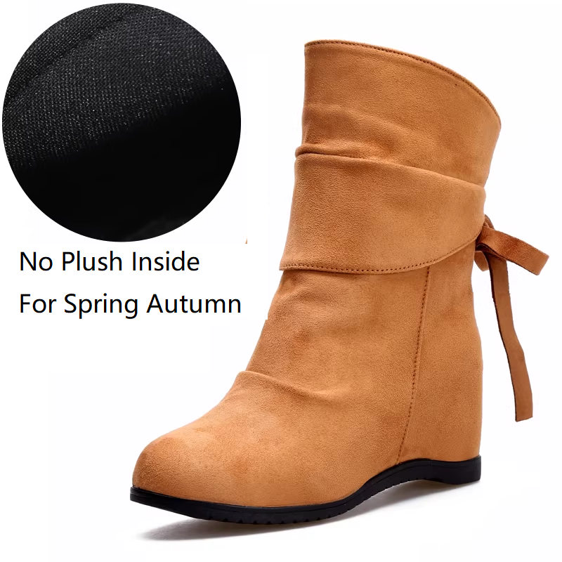Spring Autumn New Korean Style Leisure 7.5 CM Height Increasing Slip On Pleated Flock Women Mid-Calf Boots Winter Plush Inside Ankle Boots 60225