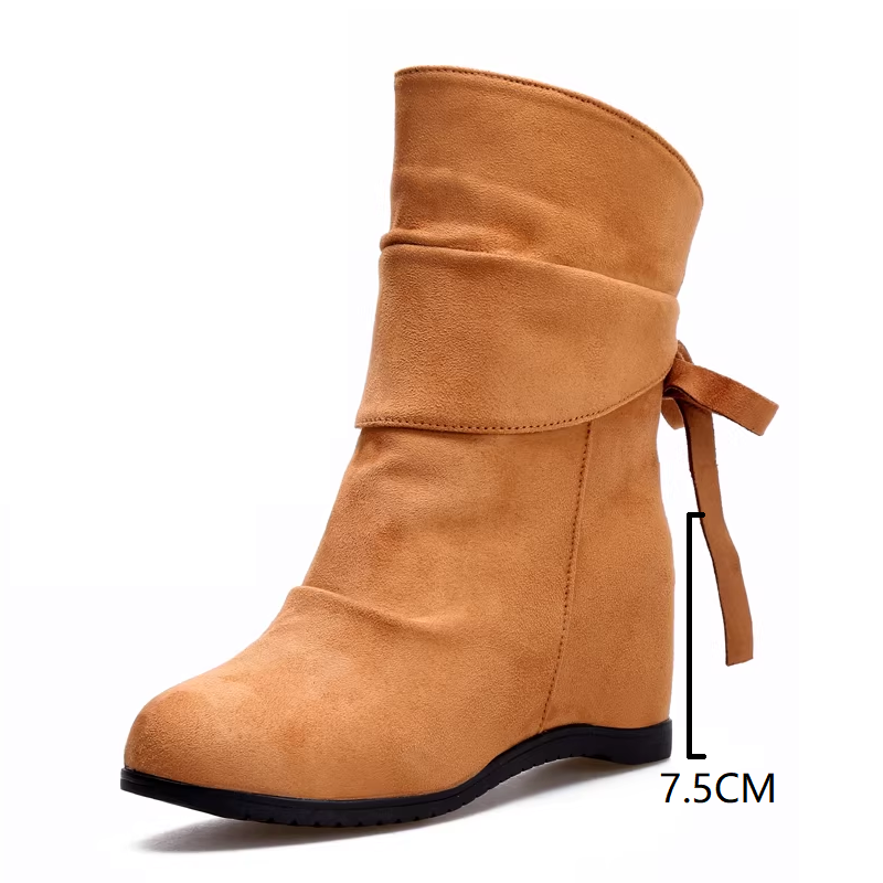 Spring Autumn New Korean Style Leisure 7.5 CM Height Increasing Slip On Pleated Flock Women Mid-Calf Boots Winter Plush Inside Ankle Boots 60225