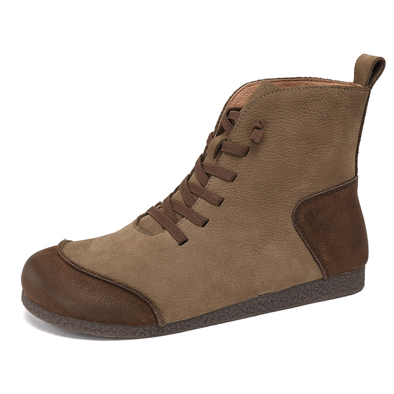 Spring Autumn New Retro Flat Bottom Sewing Cross-tied Elastic Band Patchwork Genuine Leather Women Ankle Short Work Safety Boots Winter Plush 60225