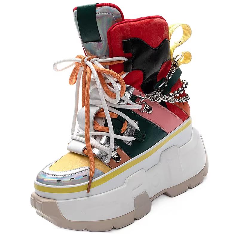 Spring Autumn New Fashion Slim 9 CM Height Increasing Platform Chic Metal Chain Color Block Genuine Leather Women Ankle Short Modern Boots 60225