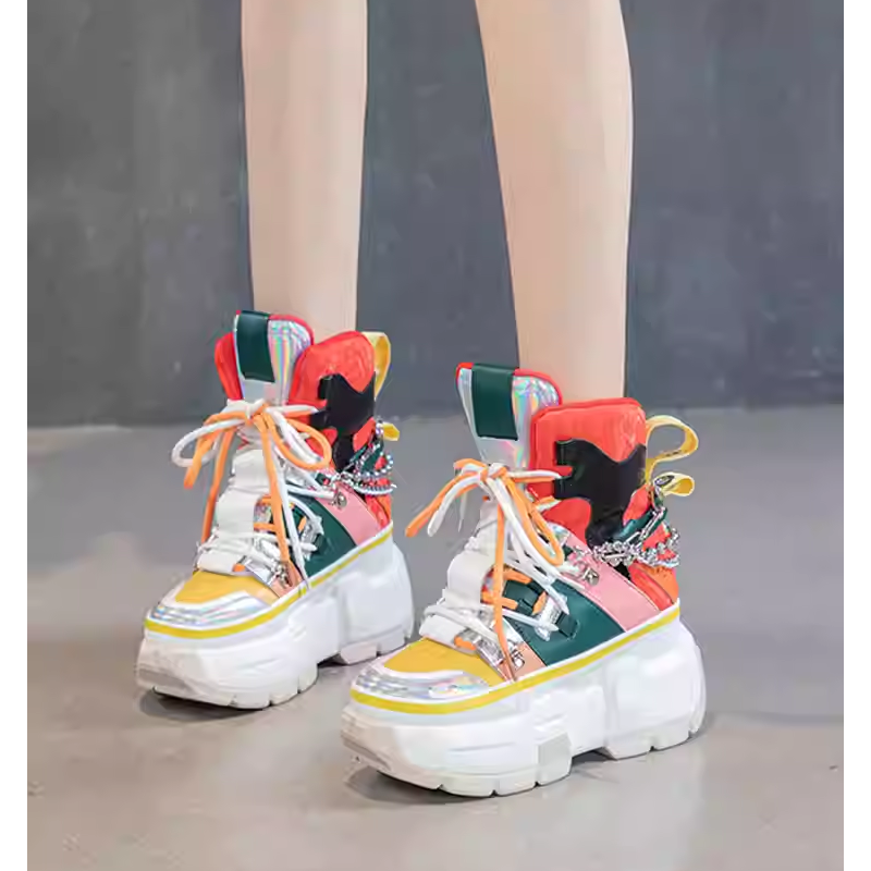 Spring Autumn New Fashion Slim 9 CM Height Increasing Platform Chic Metal Chain Color Block Genuine Leather Women Ankle Short Modern Boots 60225