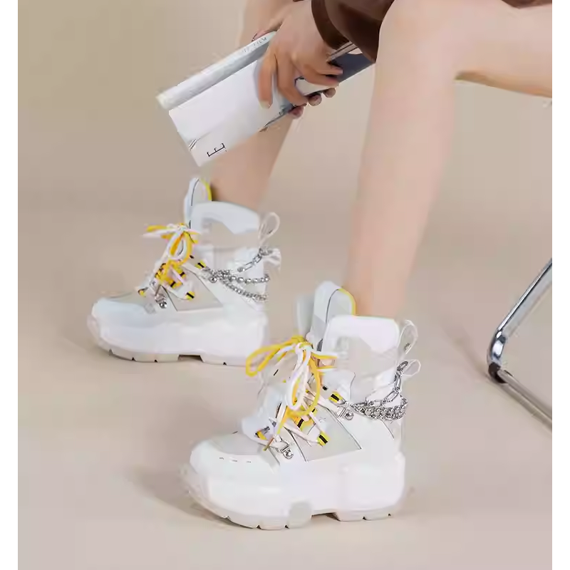 Spring Autumn New Fashion Slim 9 CM Height Increasing Platform Chic Metal Chain Color Block Genuine Leather Women Ankle Short Modern Boots 60225