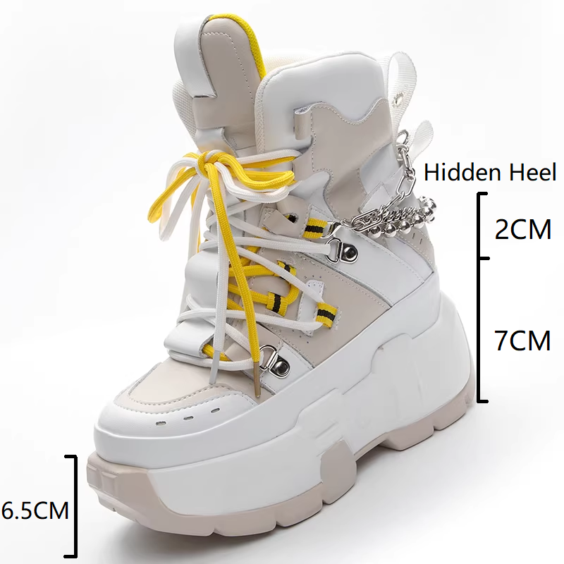Spring Autumn New Fashion Slim 9 CM Height Increasing Platform Chic Metal Chain Color Block Genuine Leather Women Ankle Short Modern Boots 60225