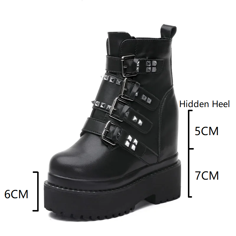 Winter New Punk Style Slim 12 CM Height Increasing Platform Belt Buckle Rivets Zipper Riding Boots Genuine Leather Women Mid-Calf Modern Boots 60225