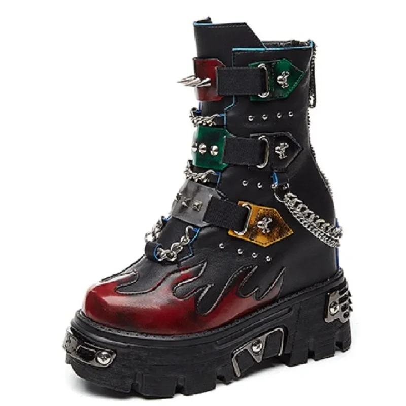 Spring Autumn Women Rivets Metal Chain Buckle Belt Short Plush Color Block 11 CM Thick Sole Equestrian Boots Winter Lady Platform Ankle Chunky Boots 60225