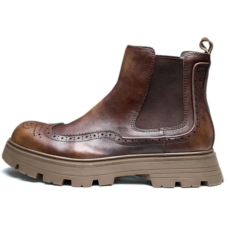 Spring Autumn New British Style Retro Chunky Bottom Platform Slip-On Genuine Leather Men Ankle Short Brogue Chelsea Boots 60226