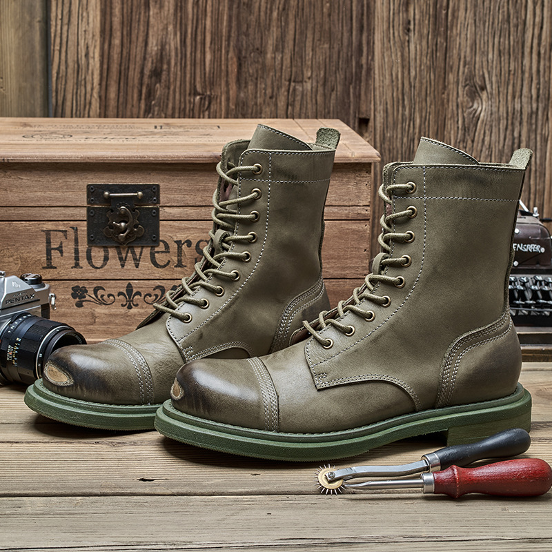 Spring Autumn New British Style Retro Thick Low Heels Sewing Handmade Cross-tied Genuine Leather Men High Top Motorcycle Boots 60226