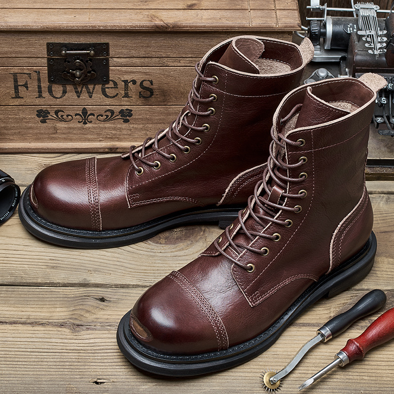 Spring Autumn New British Style Retro Thick Low Heels Sewing Handmade Cross-tied Genuine Leather Men High Top Motorcycle Boots 60226