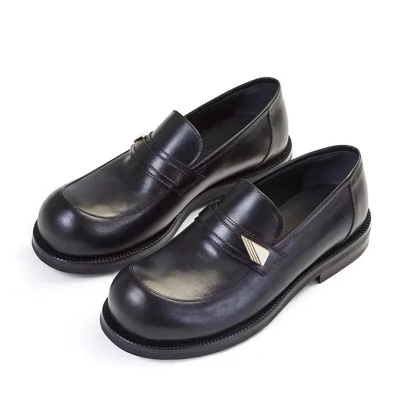 Men Loafers Shoes Spring Autumn New Leisure Thick Heels Metal Decoration Belt Slip-On Genuine Leather Male Leather Shoes 60226