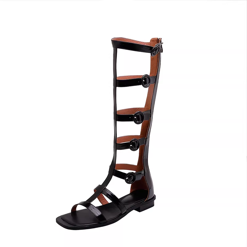 Summer New Fashion Wedges Peep Toe Buckles Belt Narrow Band Cut Out Genuine Leather Back Zipper Women Knee-High Long Gladiator Boots 60226