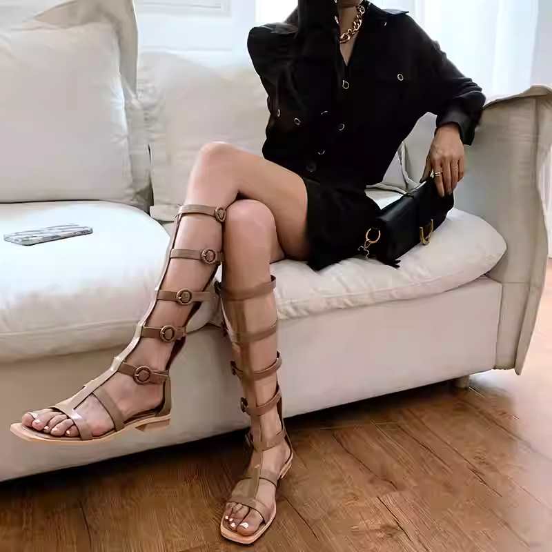 Summer New Fashion Wedges Peep Toe Buckles Belt Narrow Band Cut Out Genuine Leather Back Zipper Women Knee-High Long Gladiator Boots 60226