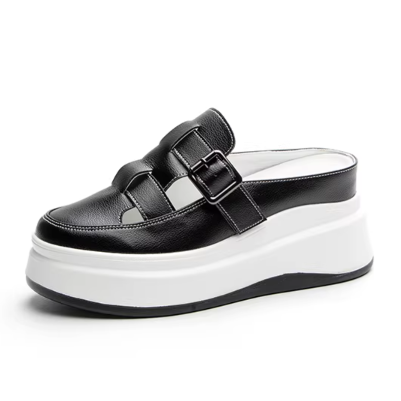 Women Slippers Summer New Fashion 7 CM Height Increasing Platform Narrow Band Buckle Belt Cut Out Genuine Leather Ladies Sandals 60226