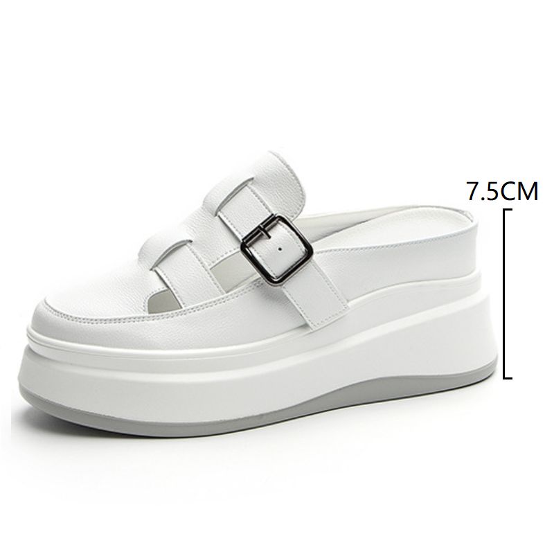 Women Slippers Summer New Fashion 7 CM Height Increasing Platform Narrow Band Buckle Belt Cut Out Genuine Leather Ladies Sandals 60226