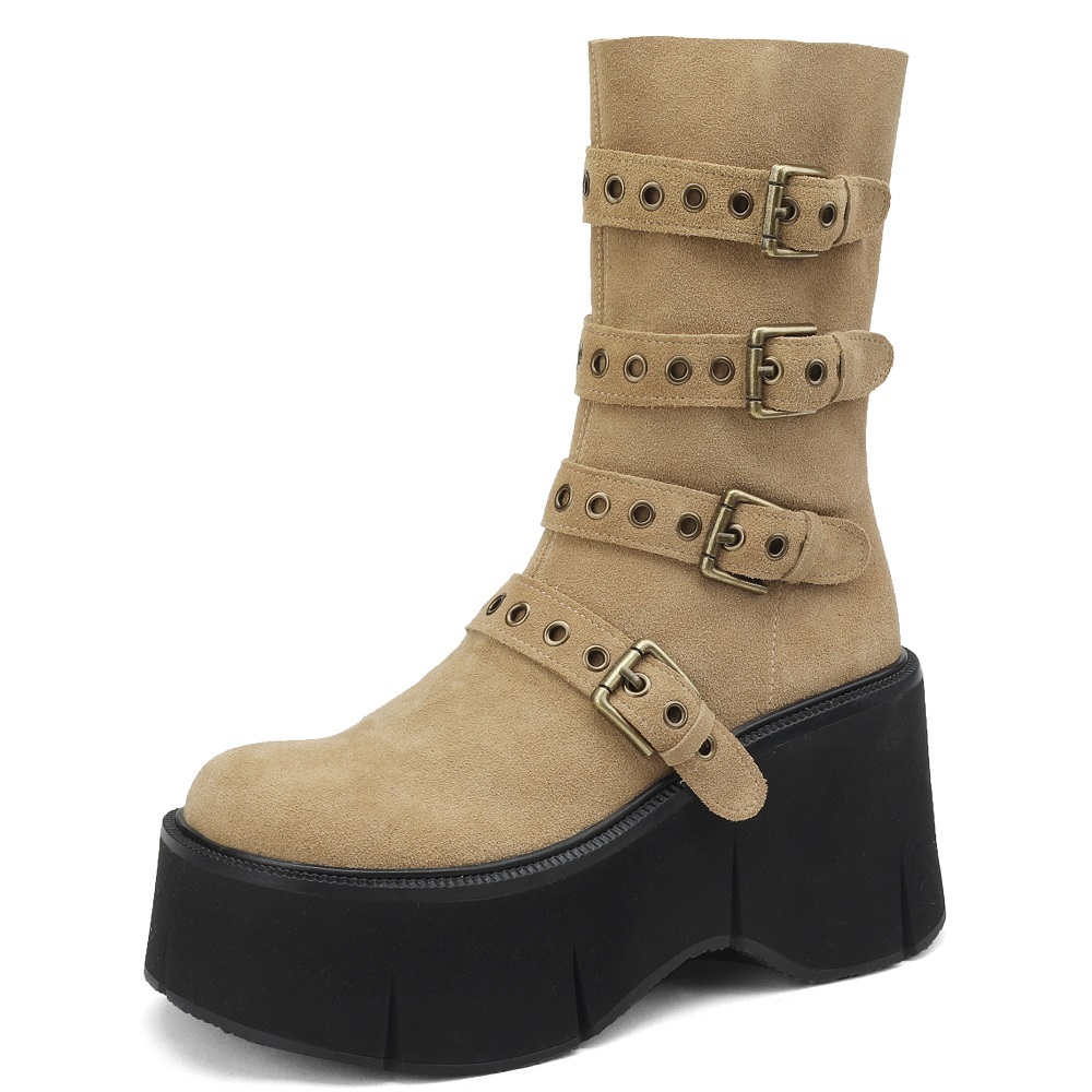 Spring Autumn New Punk Style 9 CM Super High Heels Platform Belt Buckle Genuine Leather Women Mid-Calf Half Modern Boots Winter Plush 60227