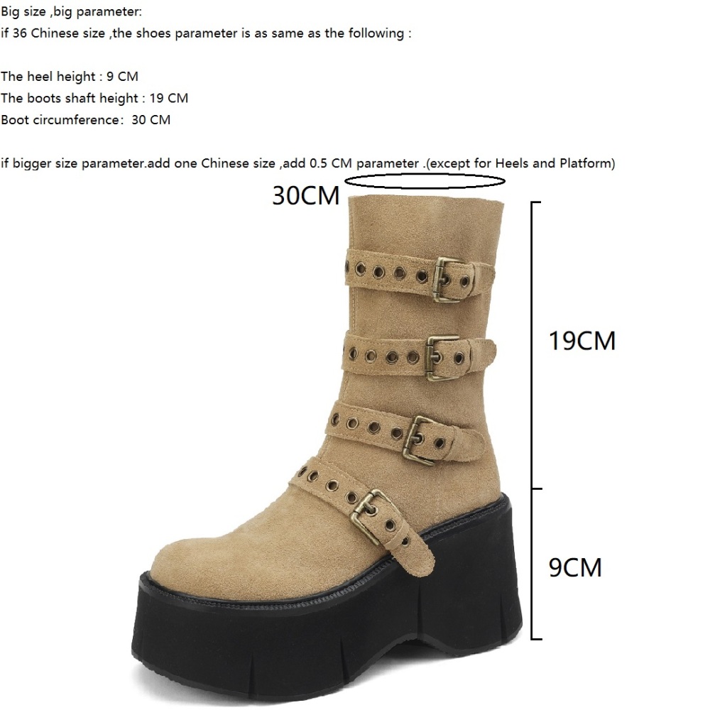 Spring Autumn New Punk Style 9 CM Super High Heels Platform Belt Buckle Genuine Leather Women Mid-Calf Half Modern Boots Winter Plush 60227