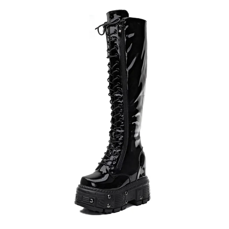 Spring Autumn New Sexy Slim 12 CM Height Increasing Platform Rivet Bling Patent Leather Women Knee-High Long Modern Boots 60227