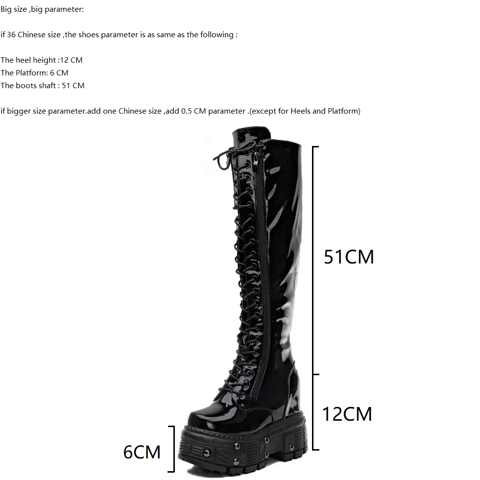 Spring Autumn New Sexy Slim 12 CM Height Increasing Platform Rivet Bling Patent Leather Women Knee-High Long Modern Boots 60227