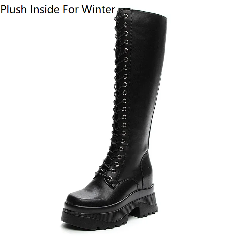 Spring Autumn Fashion Slim 10 CM Height Increasing Platform Cross-tied Genuine Leather Women Knee-High Long Riding Equestrian Boots 60227