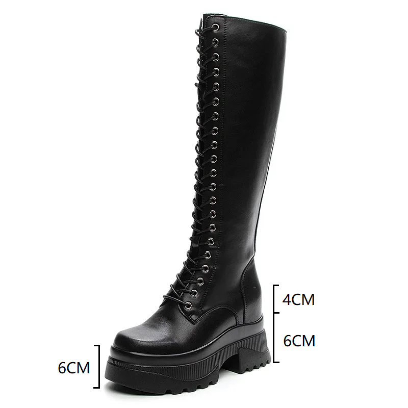 Spring Autumn Fashion Slim 10 CM Height Increasing Platform Cross-tied Genuine Leather Women Knee-High Long Riding Equestrian Boots 60227