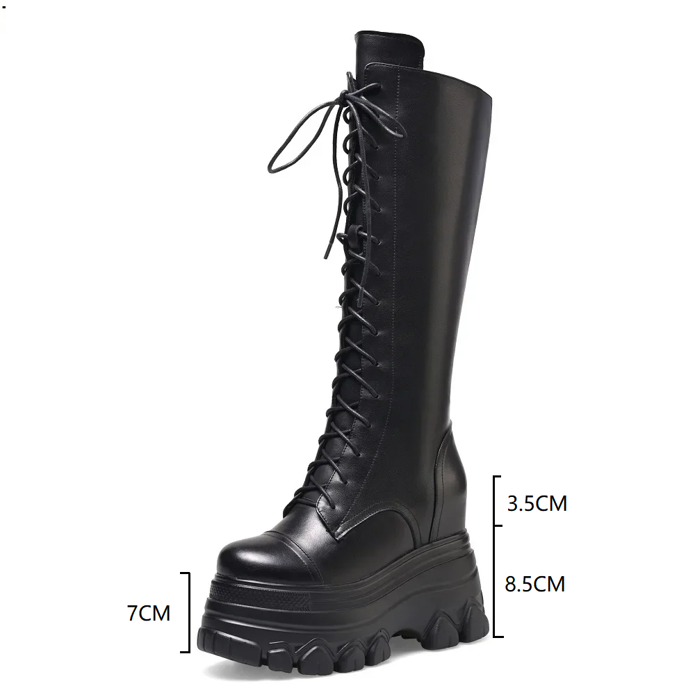 Spring Autumn Winter New Slim 12 CM Height Increasing Platform Cross-tied Genuine Leather Women Knee-High Long Modern Boots 60227