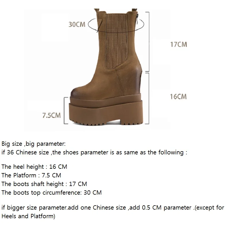 Spring Autumn New British Style Retro 16 CM Super High Heels Platform Winter Short Plush Back Zipper Genuine Leather Women Mid-Calf Chelsea Boots 60227