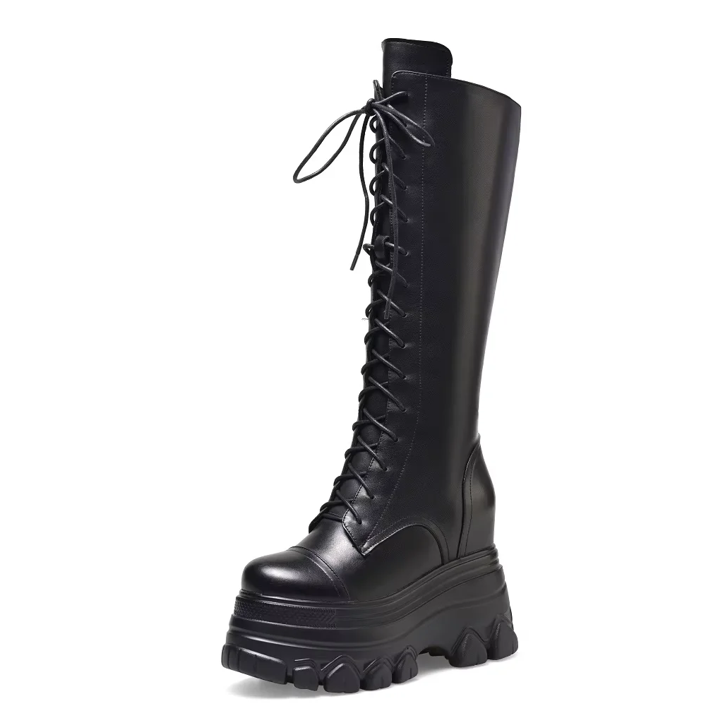 Spring Autumn Winter New Slim 12 CM Height Increasing Platform Cross-tied Genuine Leather Women Knee-High Long Modern Boots 60227