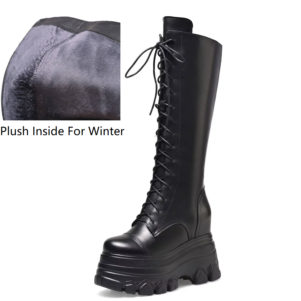 Spring Autumn Winter New Slim 12 CM Height Increasing Platform Cross-tied Genuine Leather Women Knee-High Long Modern Boots 60227